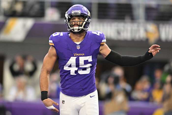 Minnesota Vikings linebacker Troy Dye (45) reacts late during the fourth quarter against the New Orleans Saints at U.S. Bank Stadium in Minneapolis on Nov. 12, 2023.